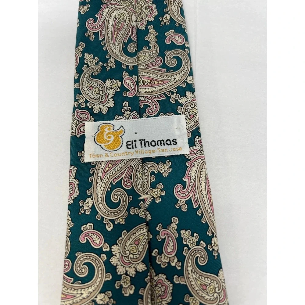 Eli Thomas Paisley Silk Necktie Teal Pink Vintage San Jose Made USA‎